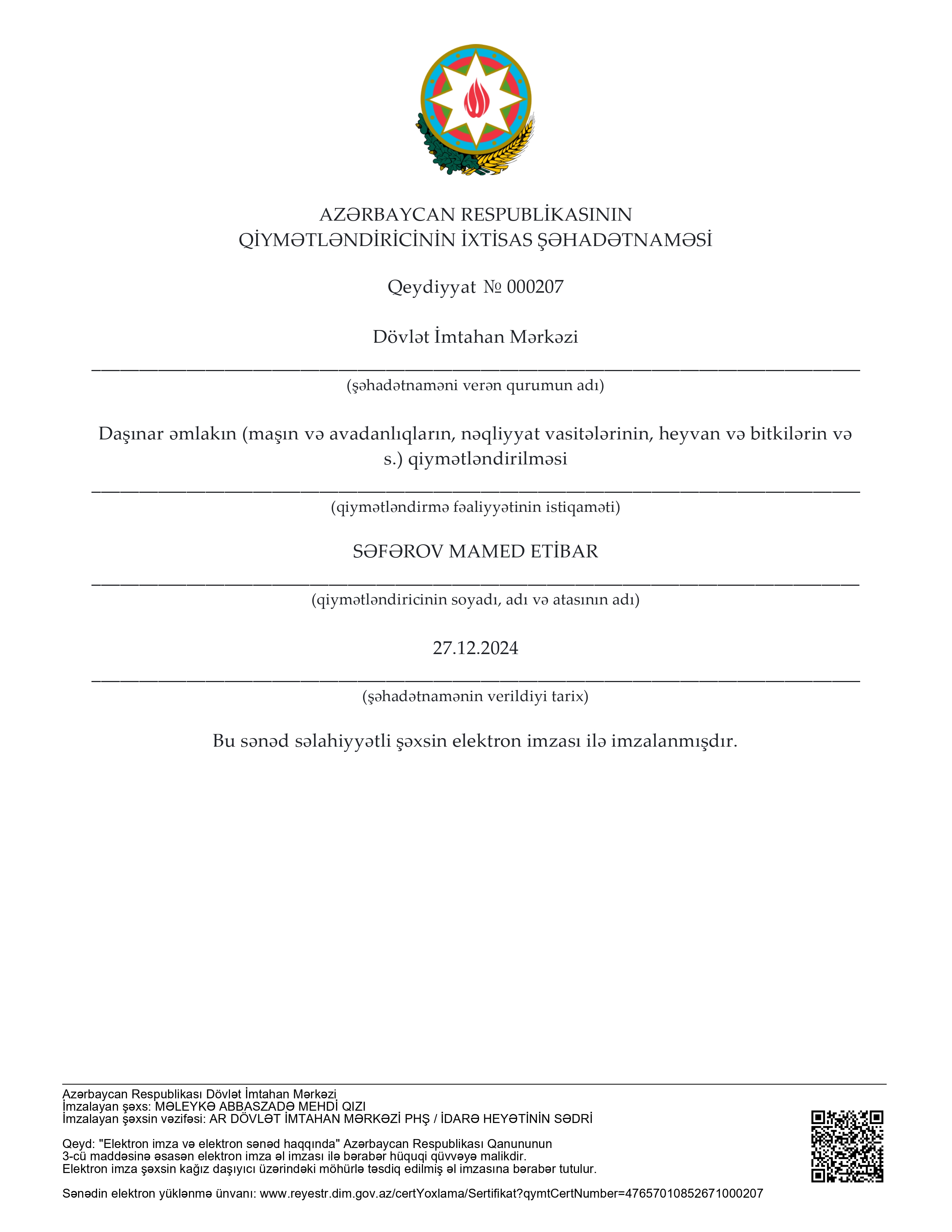 Daşınar əmlakın (maşın və avadanlıqların, nəqliyyat vasitələrinin, heyvan və bitkilərin və s.) qiymətləndirilməsi, Səfərov Mamed
